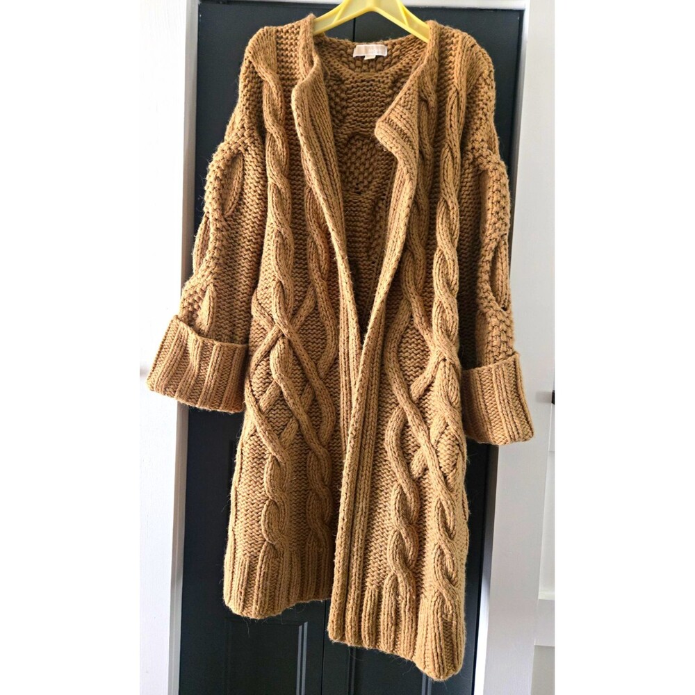 Michael Kors Brown Cable-Knit Belted Cardigan Sweater Coat Women's Size M